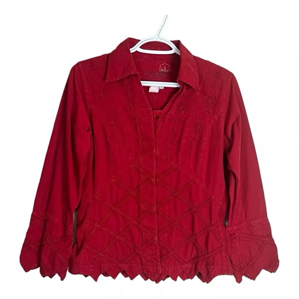 Inca Cottons Top Shirt S Red Embroidered Floral Scalloped Button Front Thick